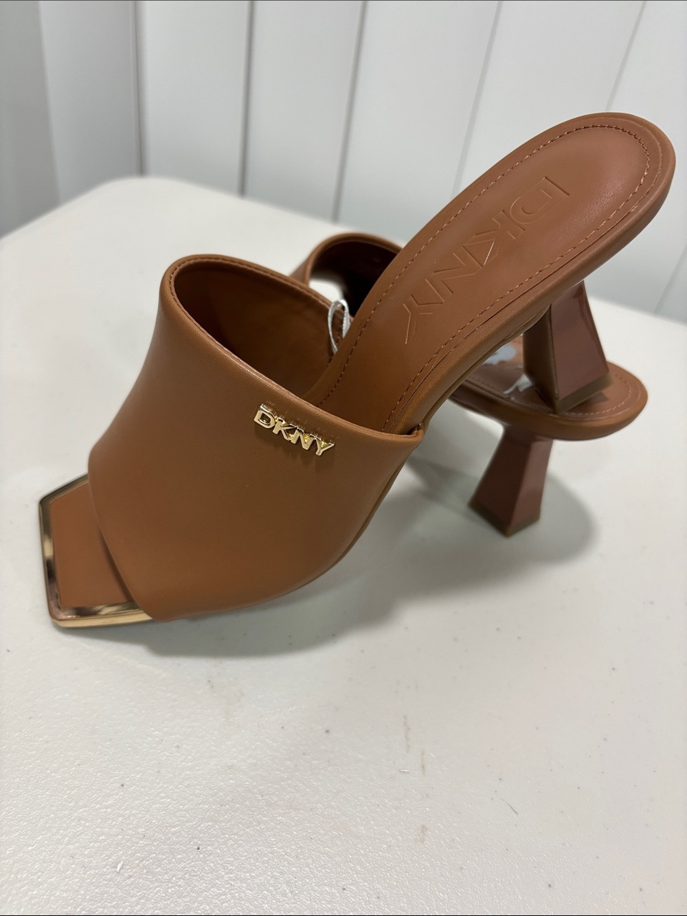 DKNY Cognac Leather Square-Toe Sculpted Block Heel Mules